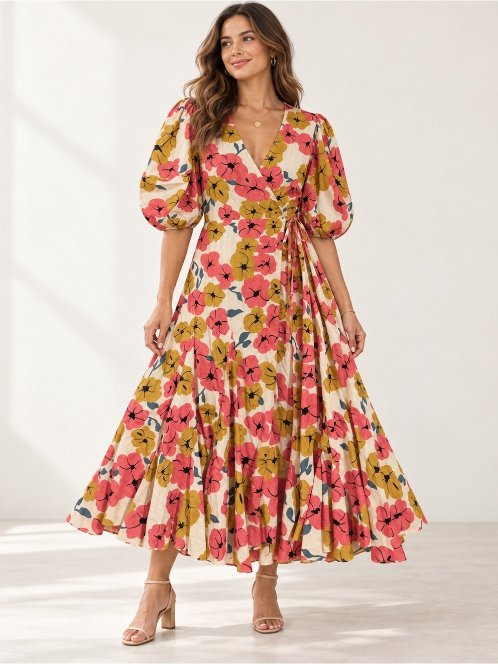 GiGiO USA Floral Wrap Maxi Dress Puff Sleeve Cottagecore Size L